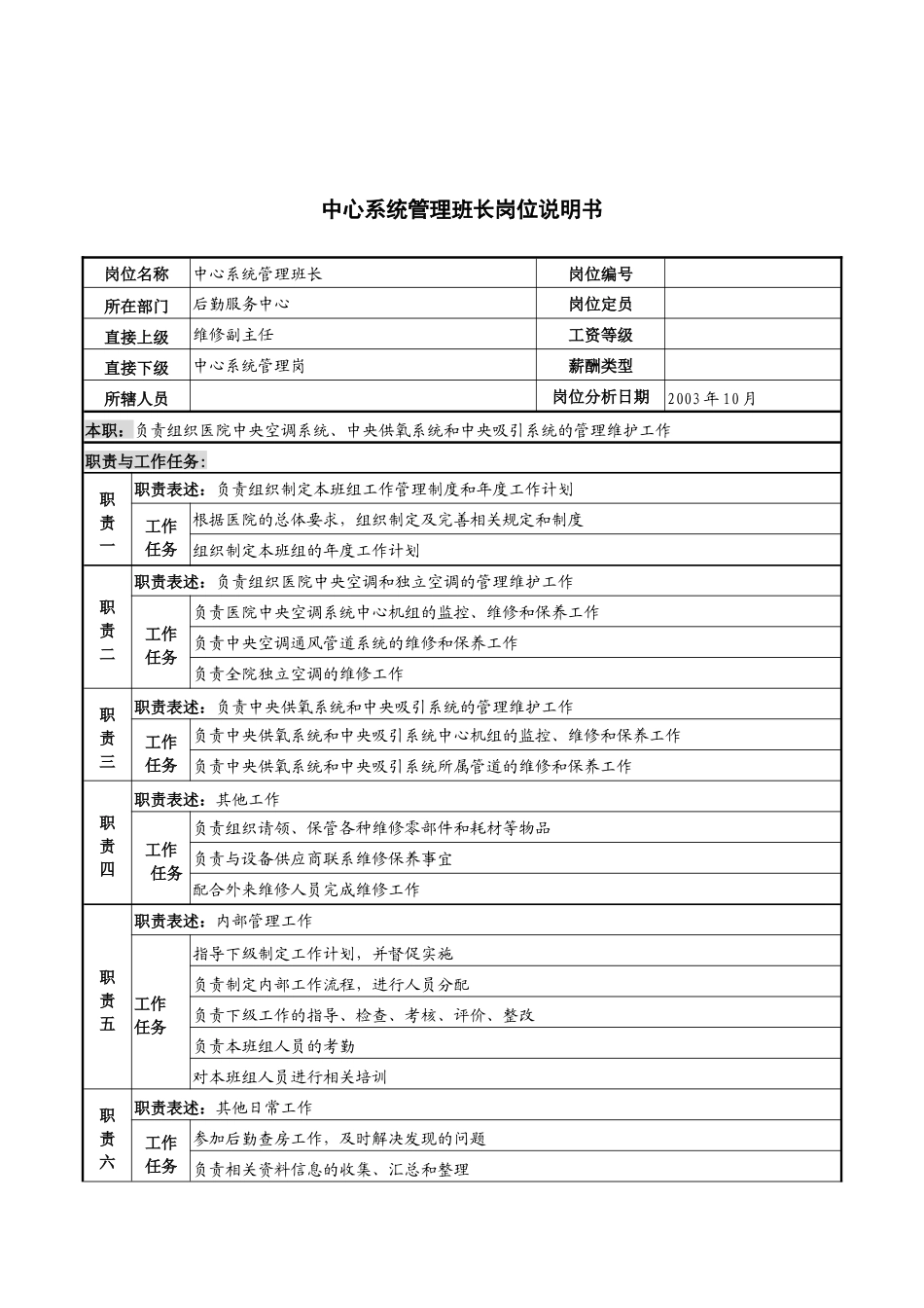 湖北新华医院后勤服务中心系统管理班长岗位说明书_第1页
