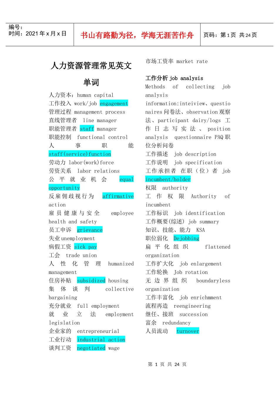 人力资源管理常见英文词汇_第1页