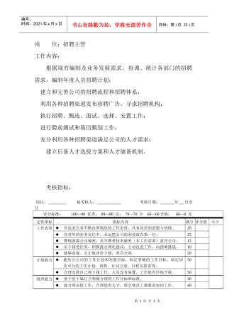岗位工作内容和年度定性考核指标-招聘主管