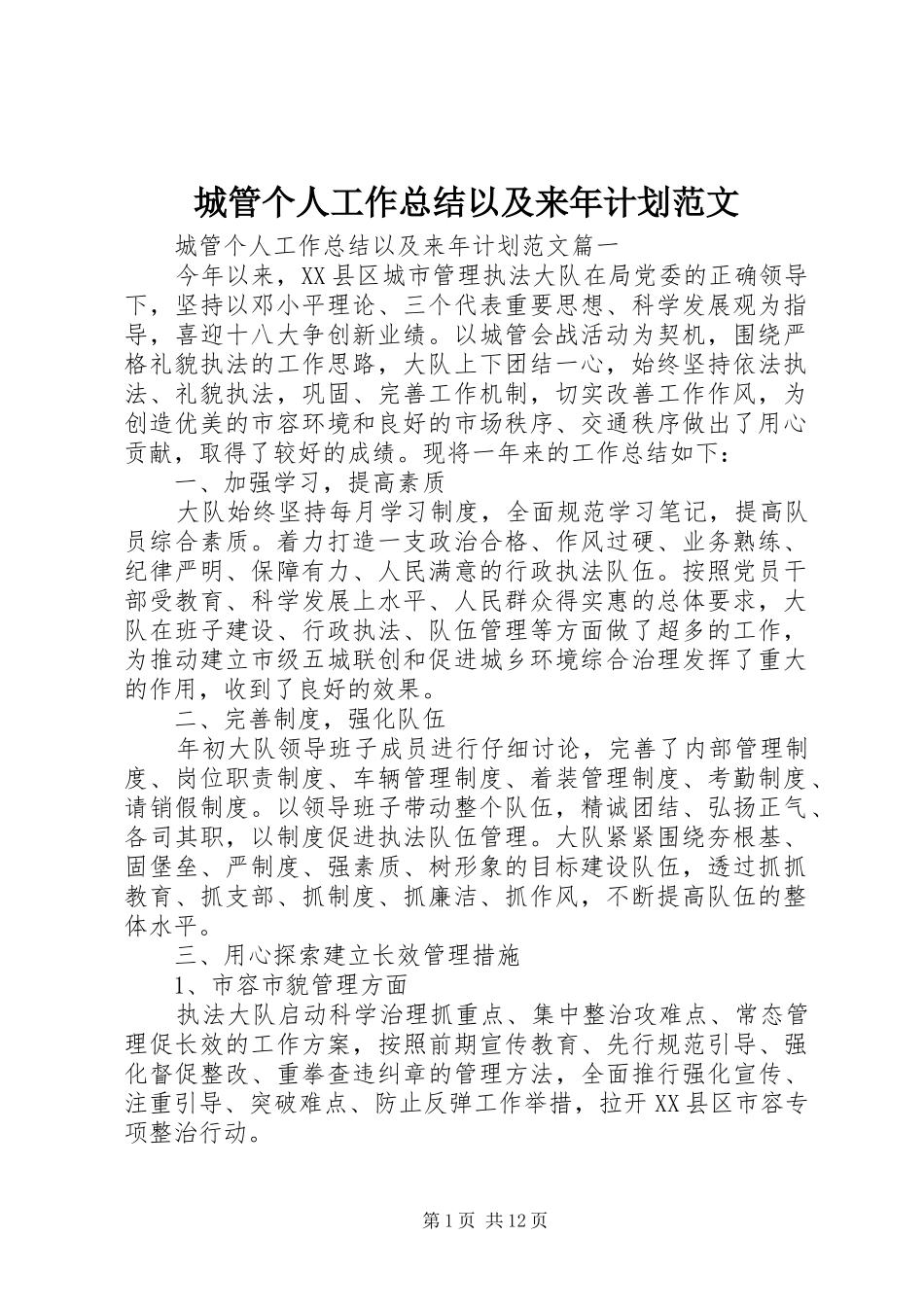 城管个人工作总结以及来年计划范文_第1页