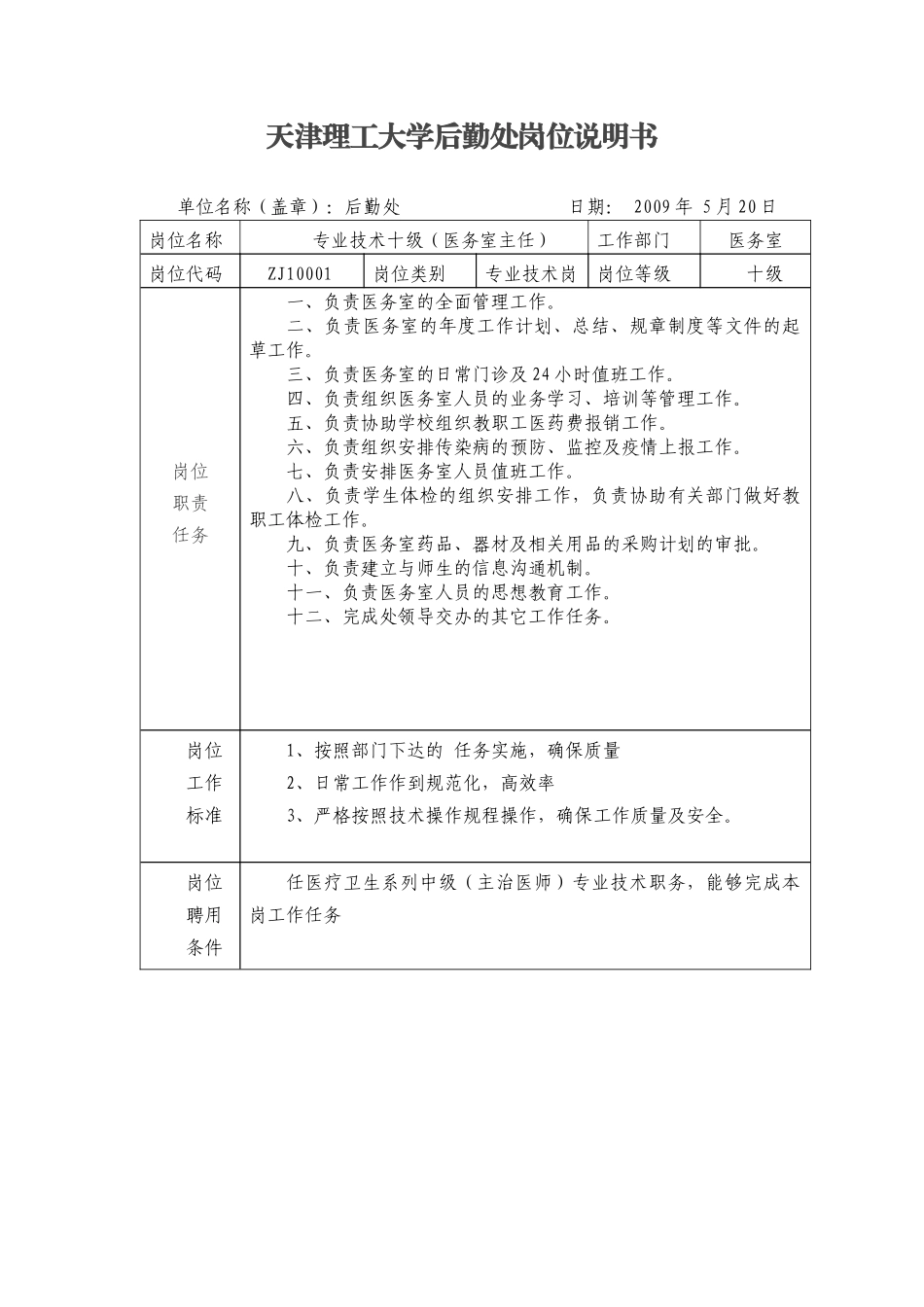 天津理工大学后勤处岗位说明书_第1页