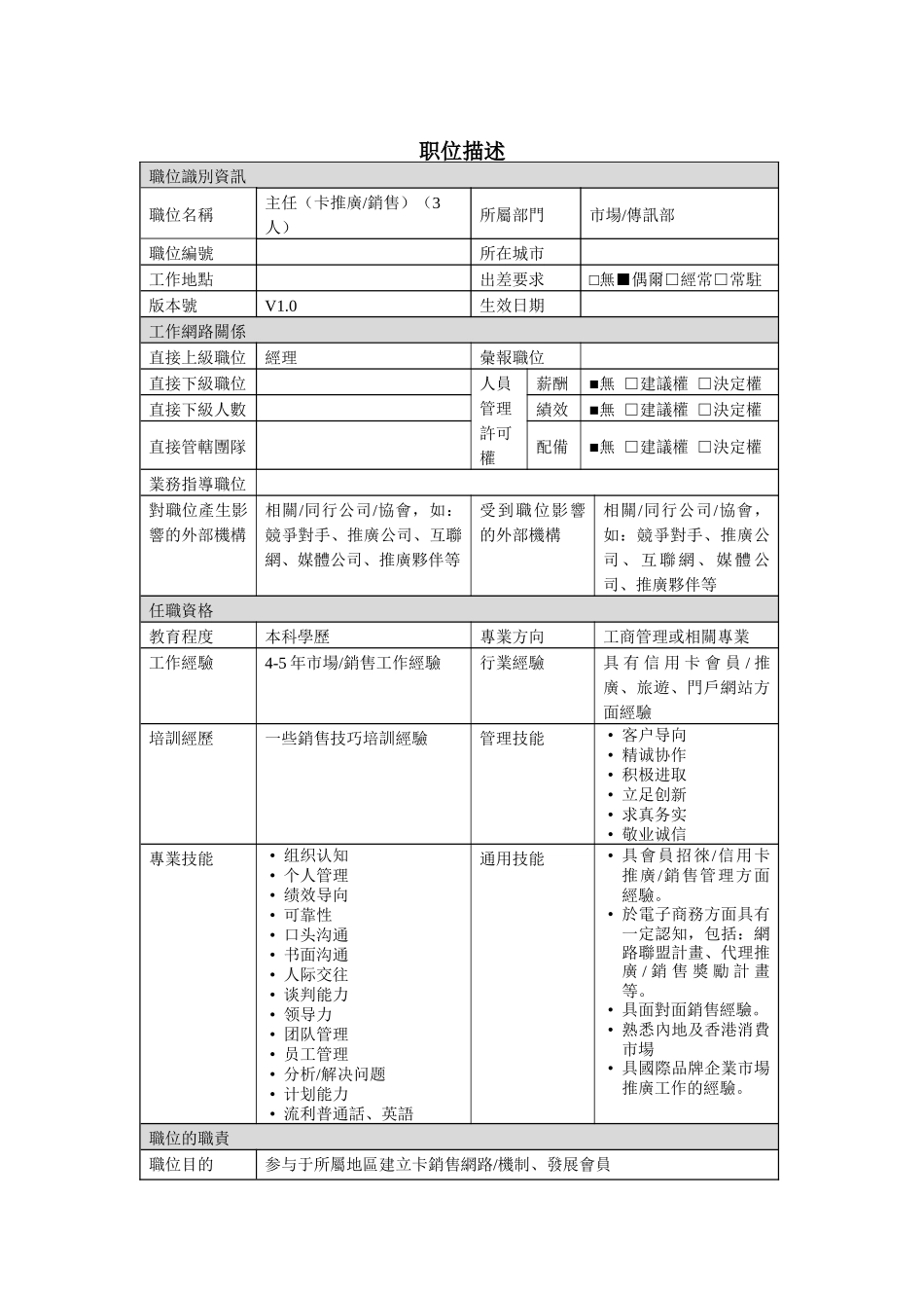 卡推广销售主任岗位说明书_第1页