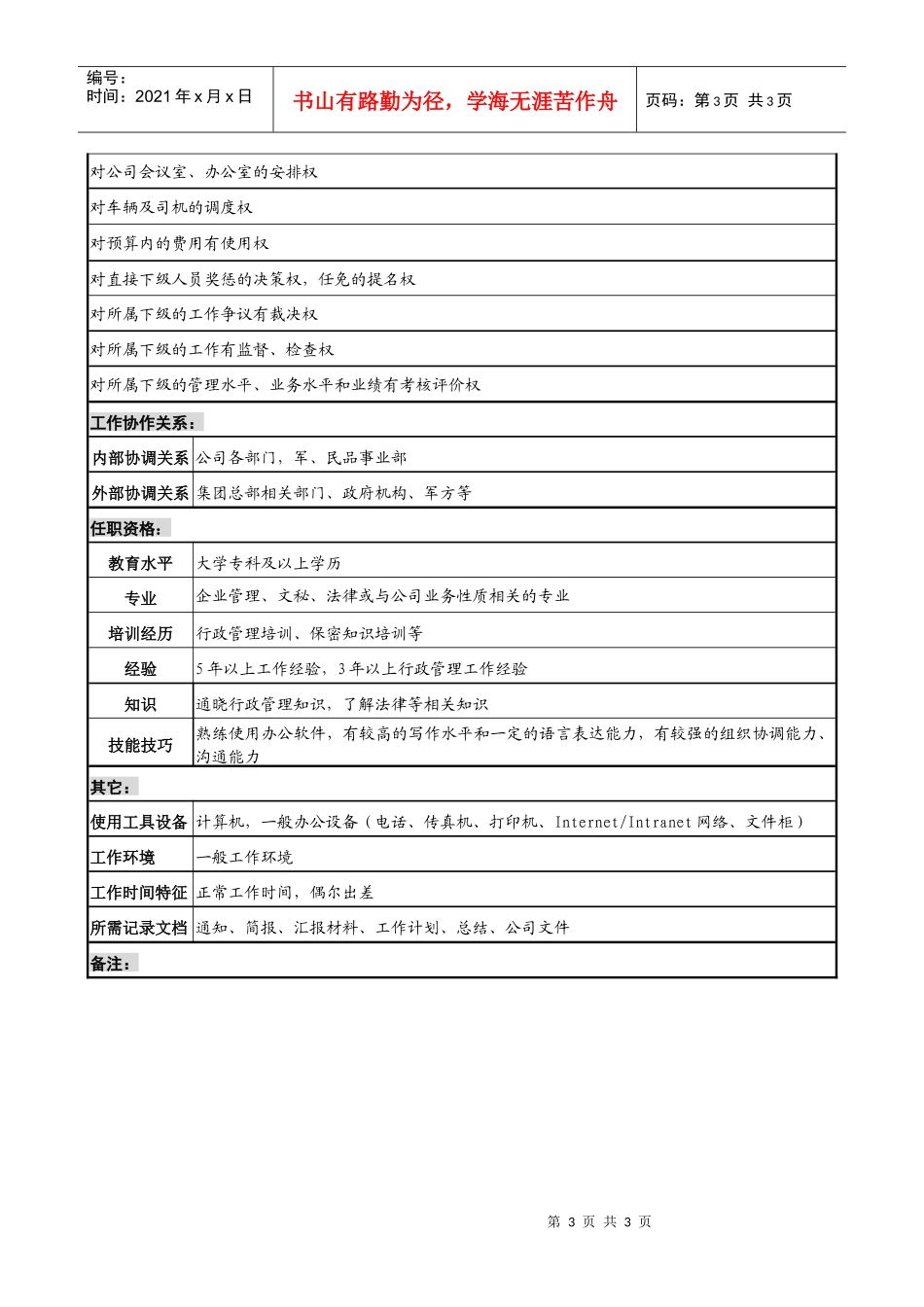 公司办公室主任职务说明书_第3页