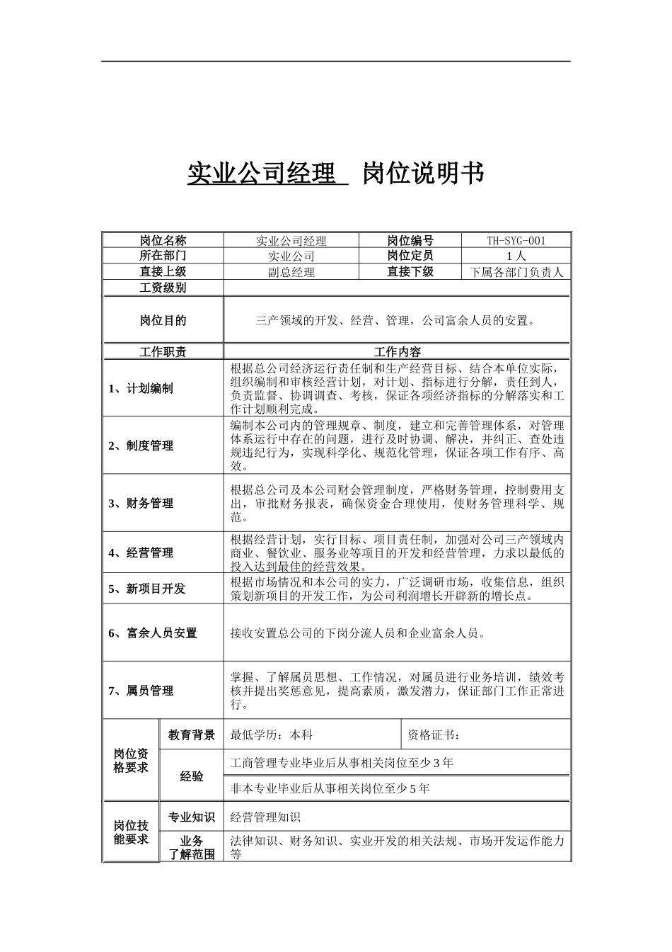 实业公司经理岗位说明书_第1页