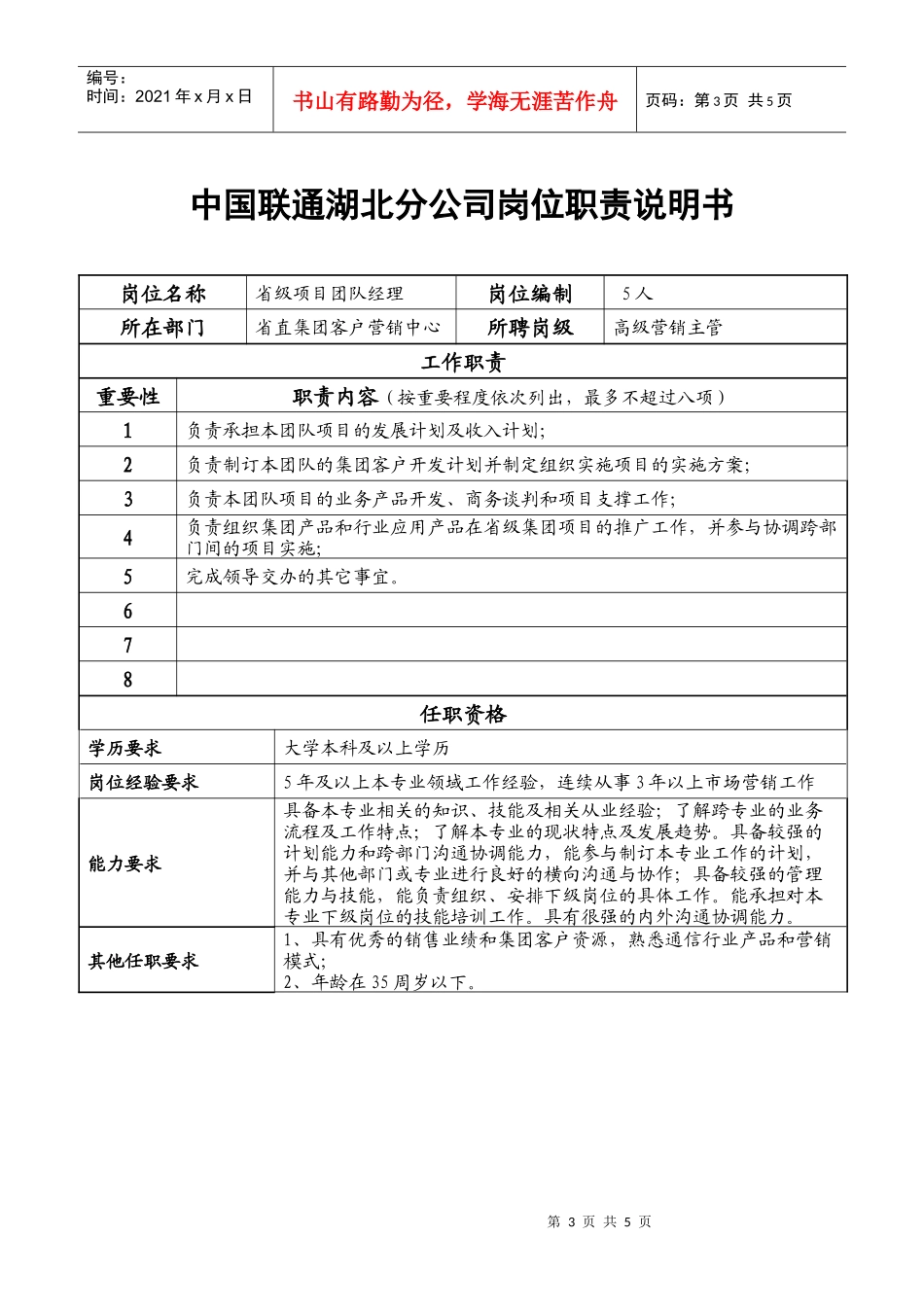 中国联通湖北分公司岗位职责说明书(1)_第3页