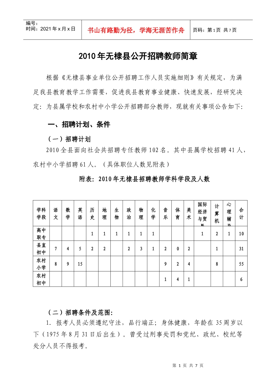 XXXX年无棣县公开招聘教师简章_第1页