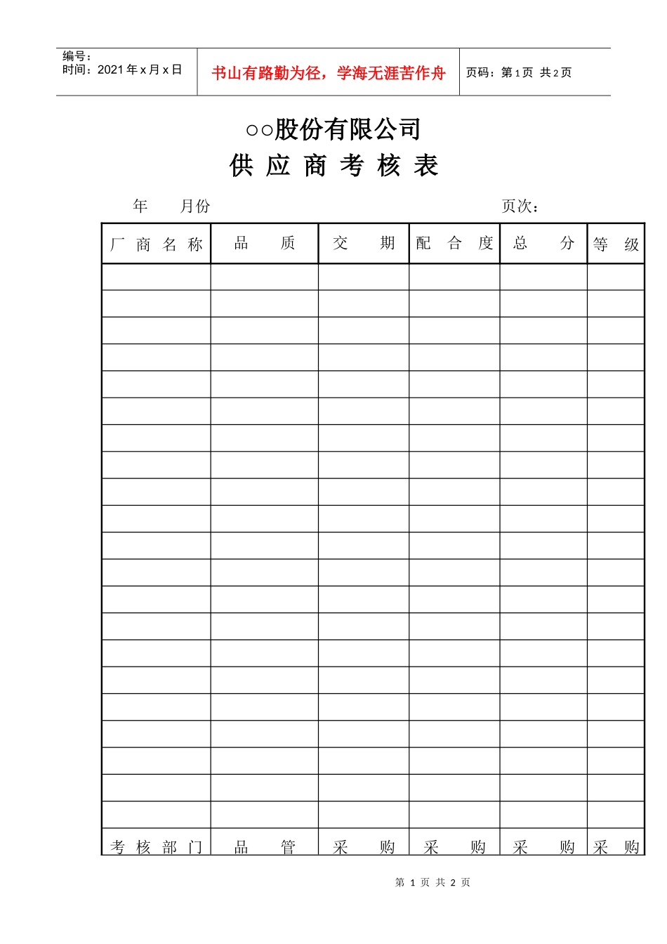 ○○股份有限公司供应商考核表_第1页
