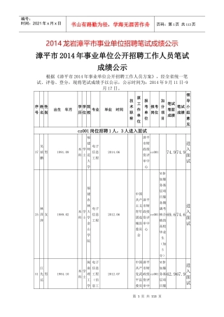 XXXX龙岩漳平市事业单位招聘笔试成绩公示