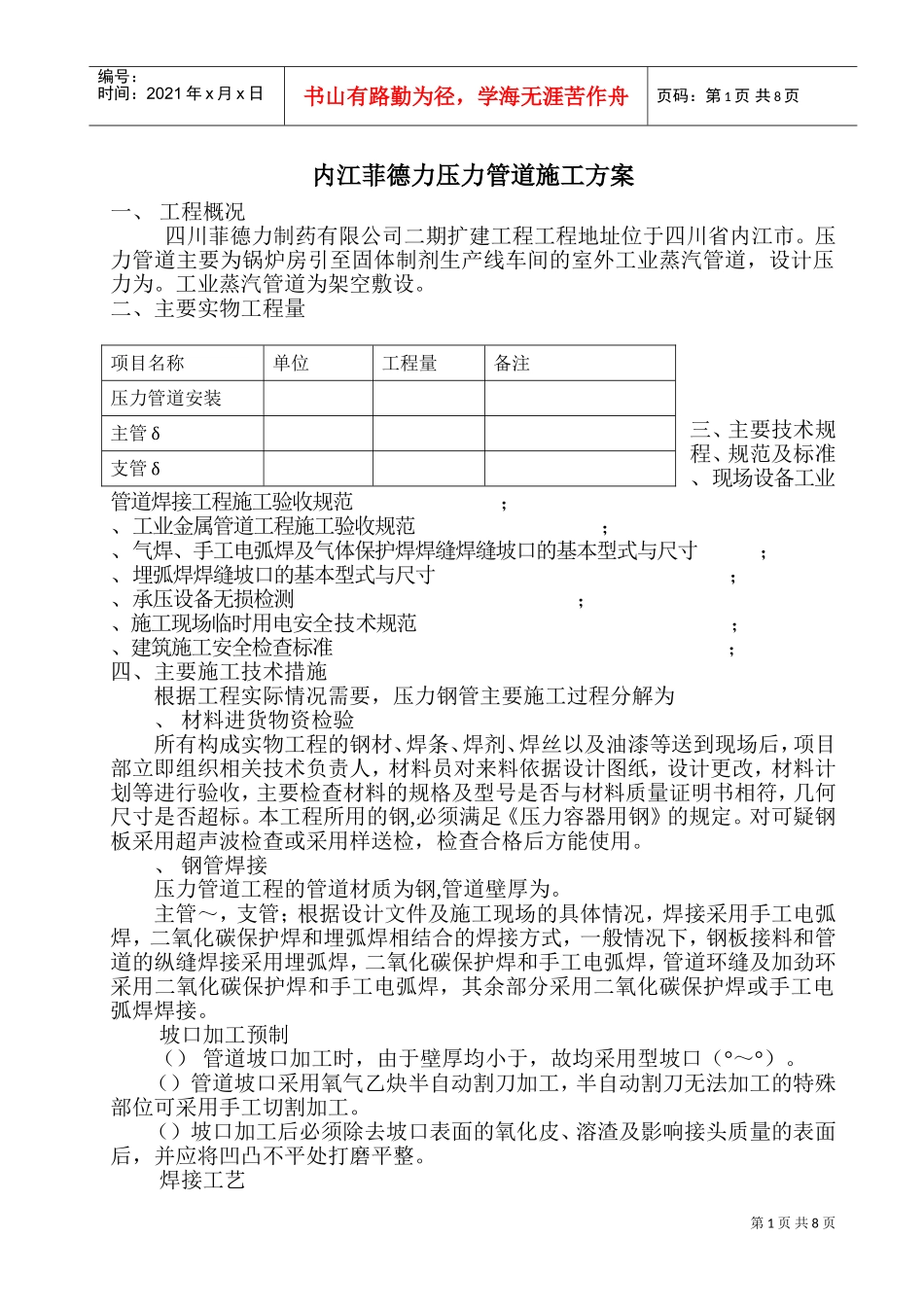内江菲德力压力管道施工方案(DOC15页)_第1页