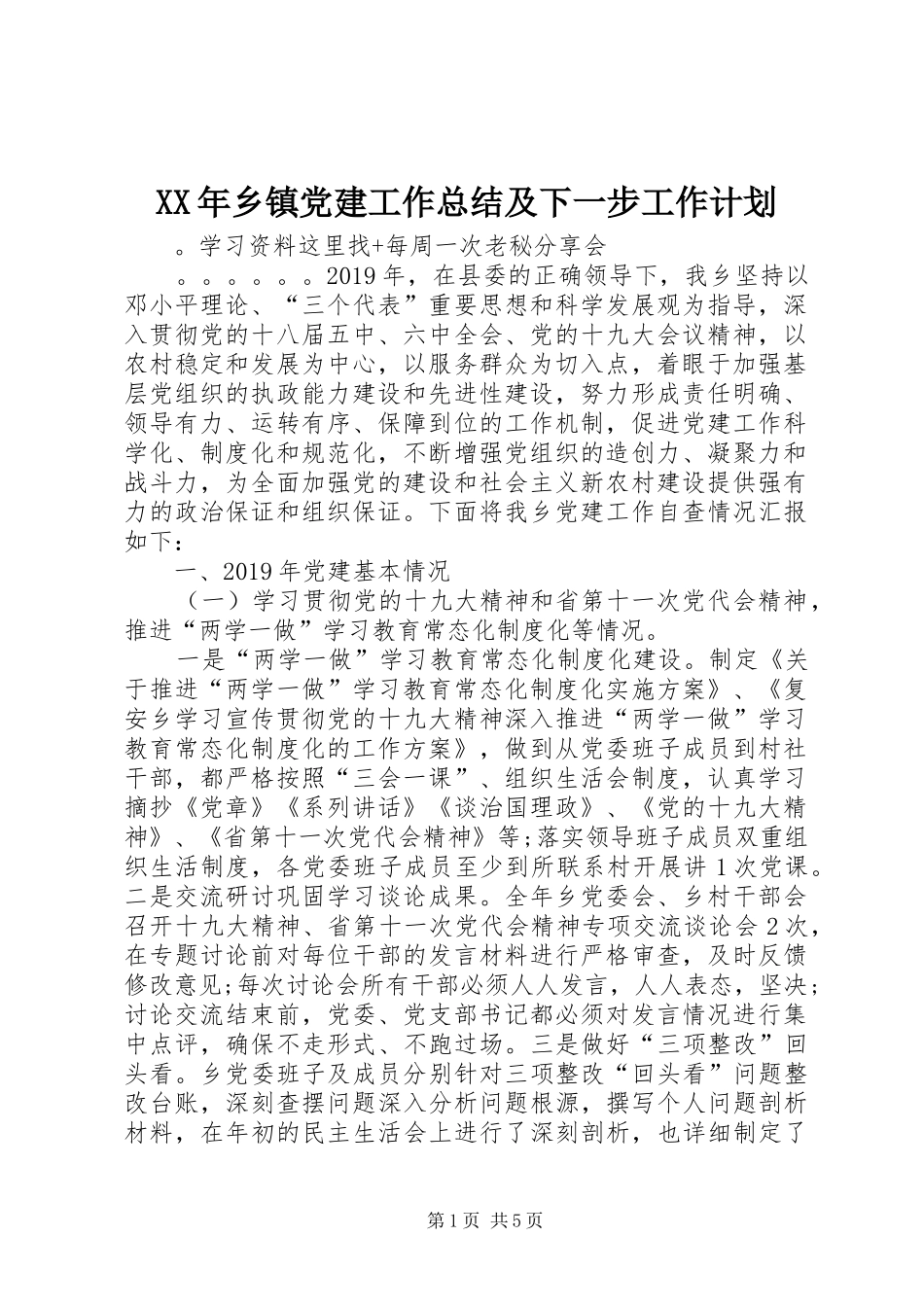 XX年乡镇党建工作总结及下一步工作计划_第1页