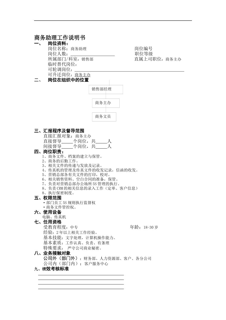 商务助理工作说明书_第1页