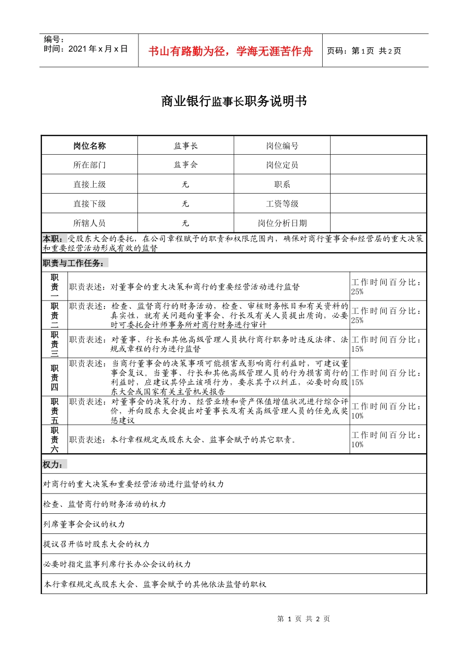 商业银行监事长职务说明书._第1页