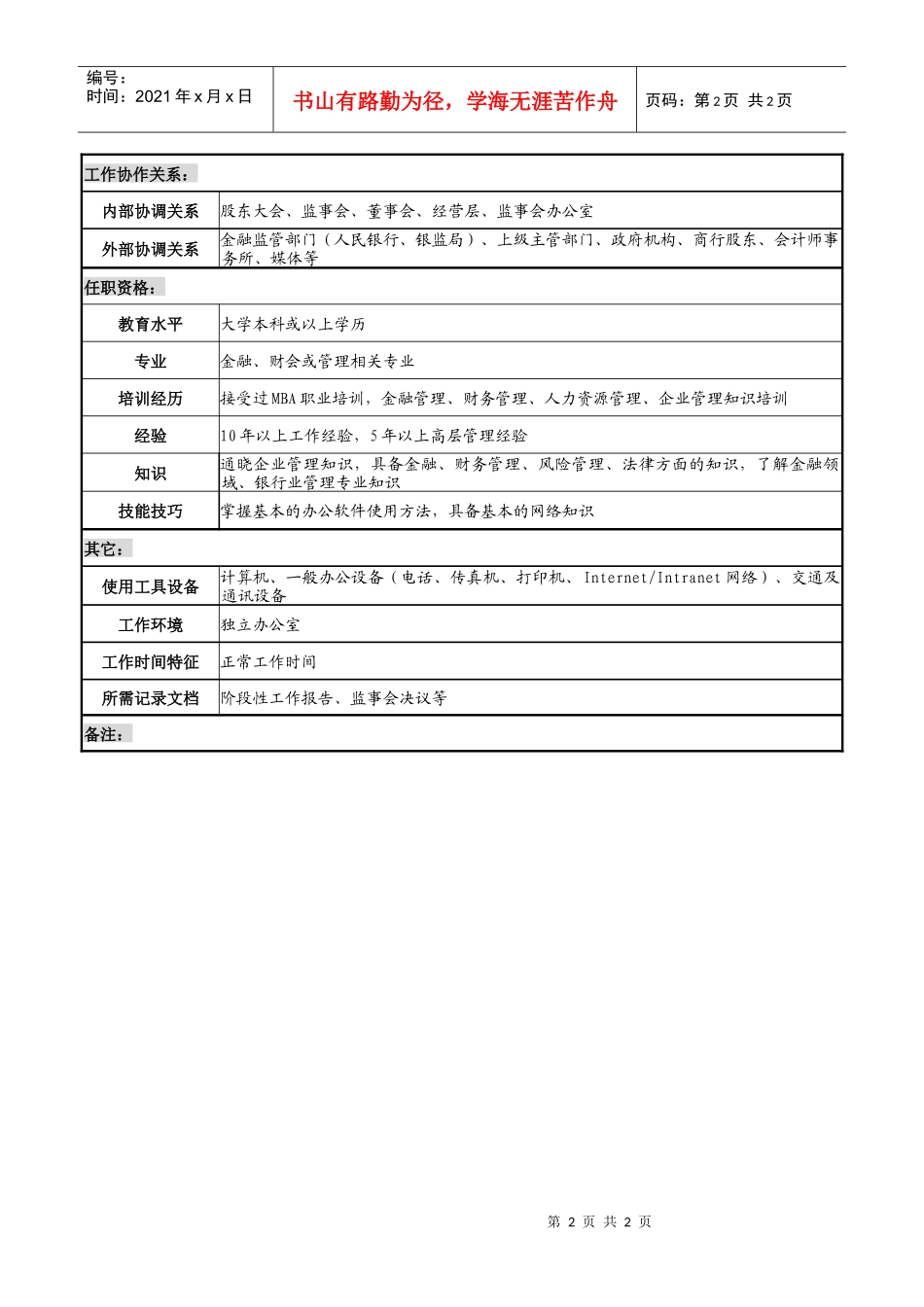 商业银行监事长职务说明书._第2页