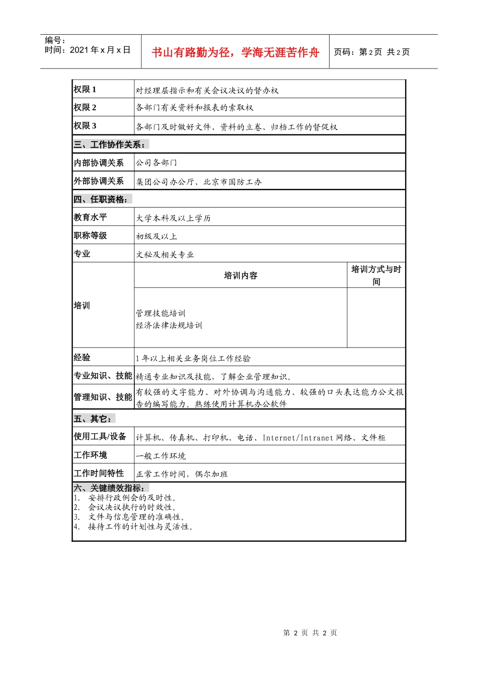 仪器生产企业行政秘书职位说明书_第2页