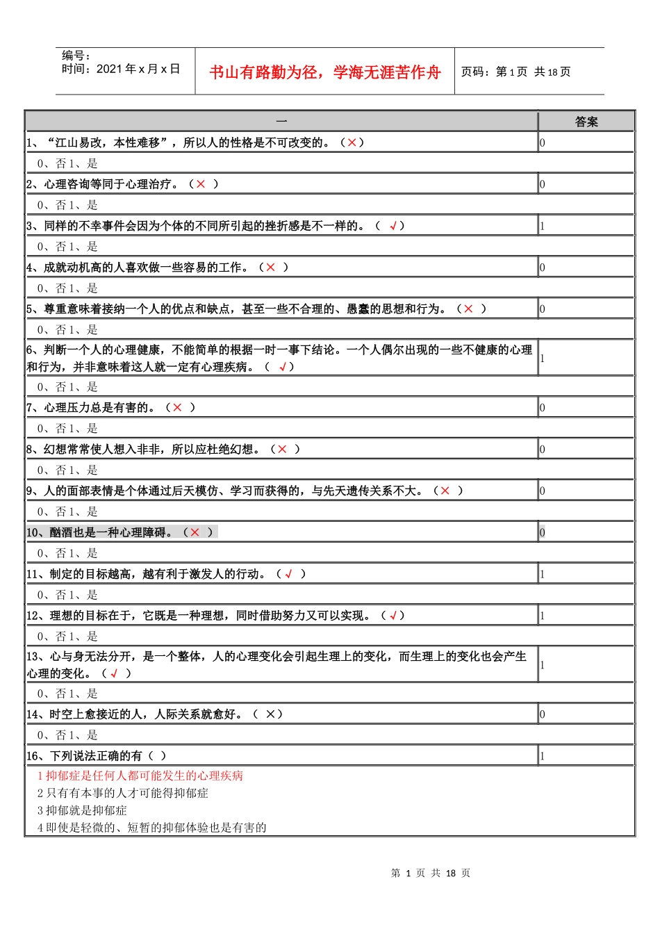 专业技术人员心理健康与心理调适模拟试题_第1页