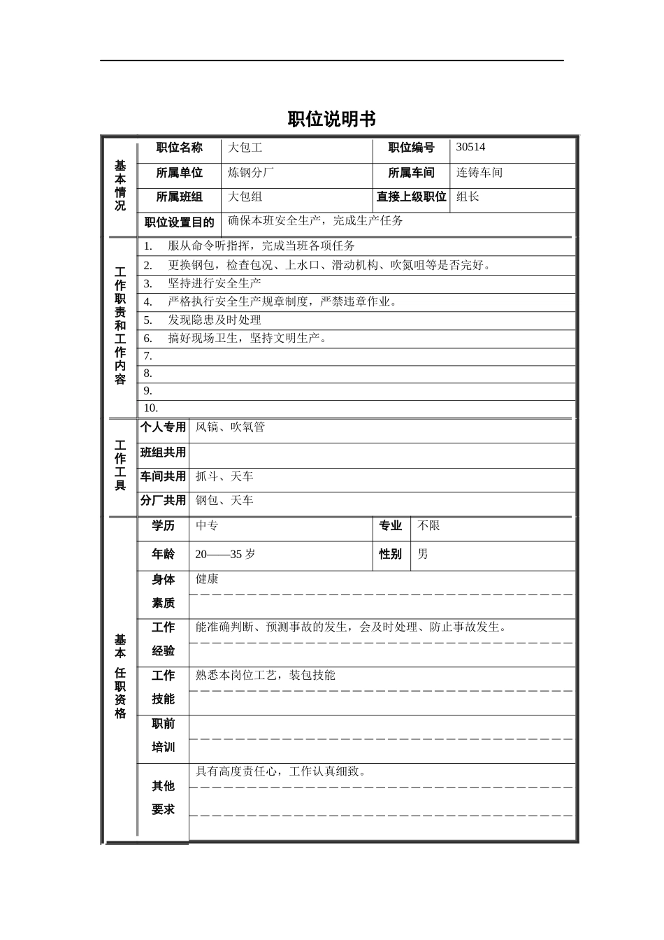 大包工职位说明书_第1页