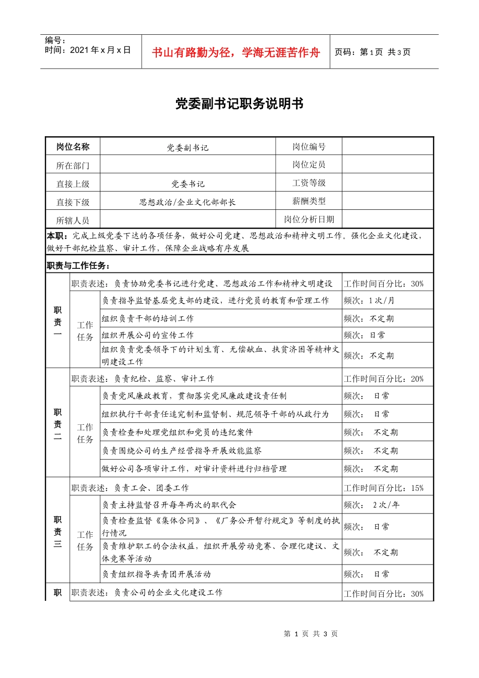 党委副书记职务说明书_第1页