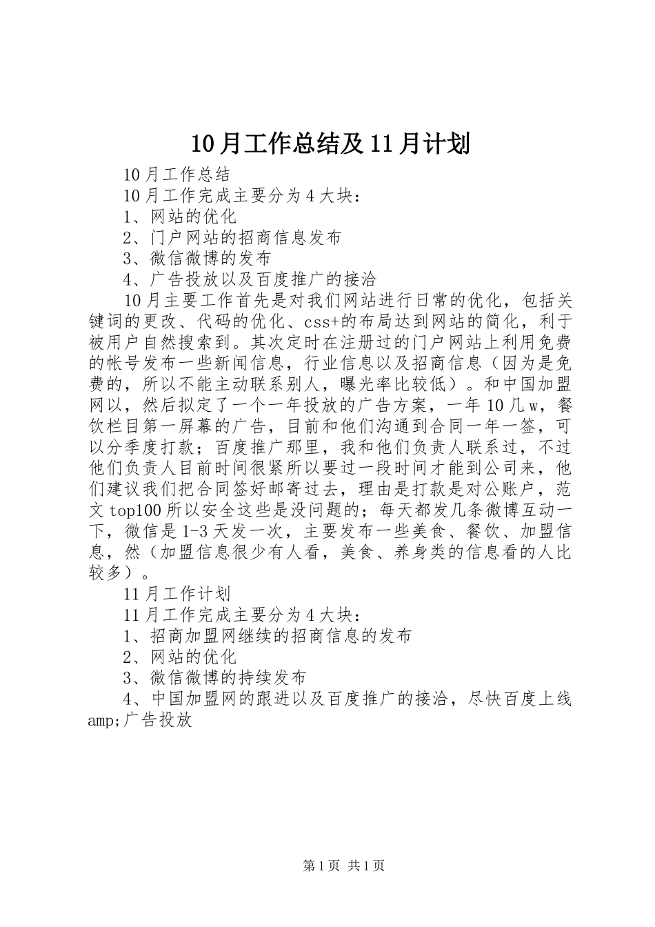 10月工作总结及11月计划_第1页