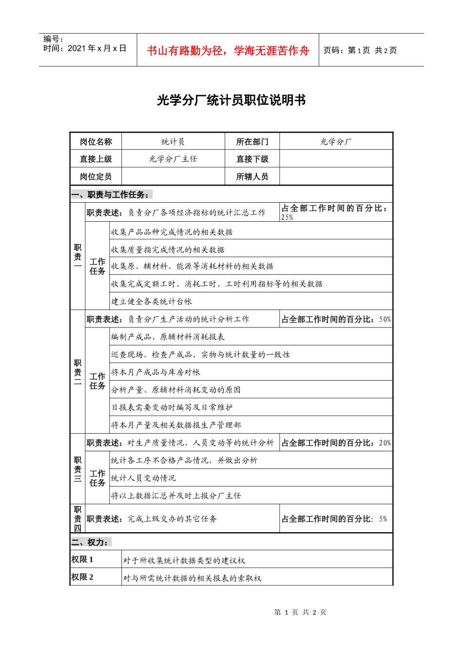 仪器生产企业光学分厂统计员职位说明书._第1页