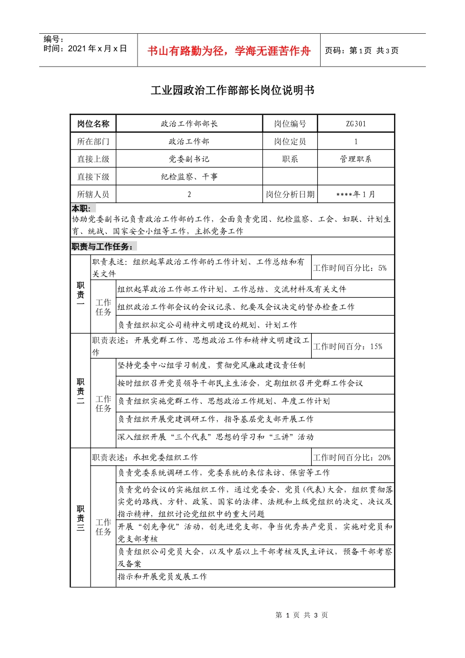 工业园政治工作部部长岗位说明书_第1页