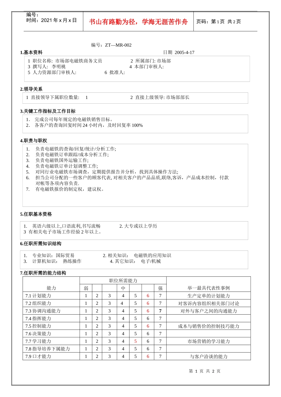 市场部电磁铁商务文员职位说明书_第1页
