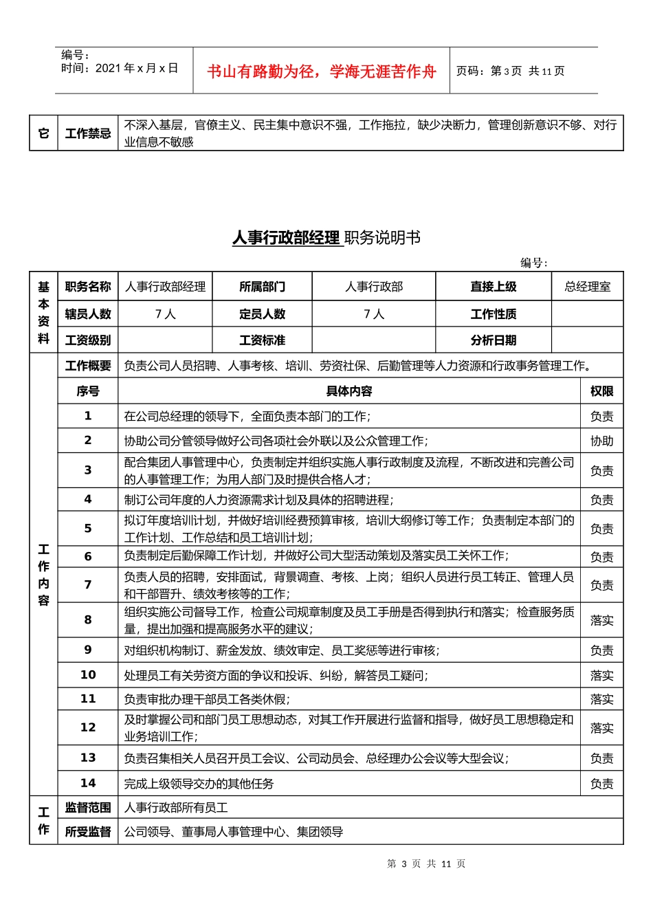 人事行政部岗位说明书（购物中心）_第3页