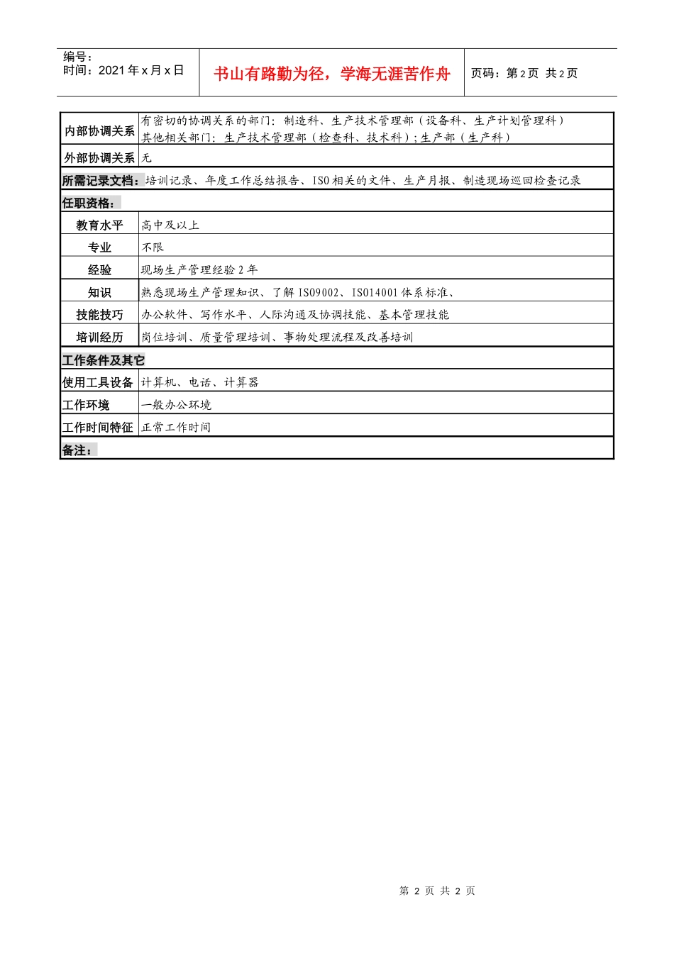 化妆品公司制造室主管岗位说明书_第2页