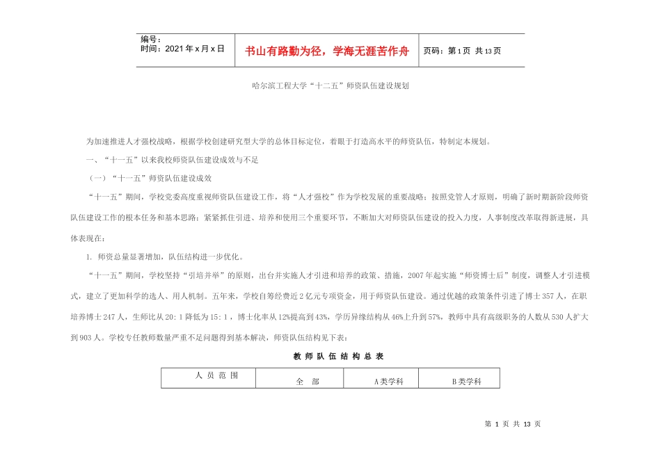 哈尔滨工程大学“十二五”师资队伍建设规划_第1页