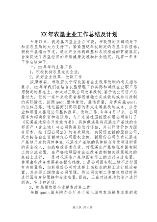 XX年农垦企业工作总结及计划