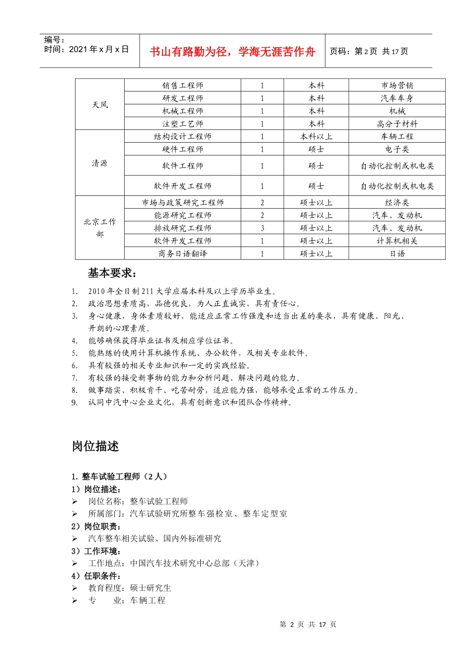 中国汽车技术研究中心XXXX年应届毕业生招聘需求8077873138_第2页