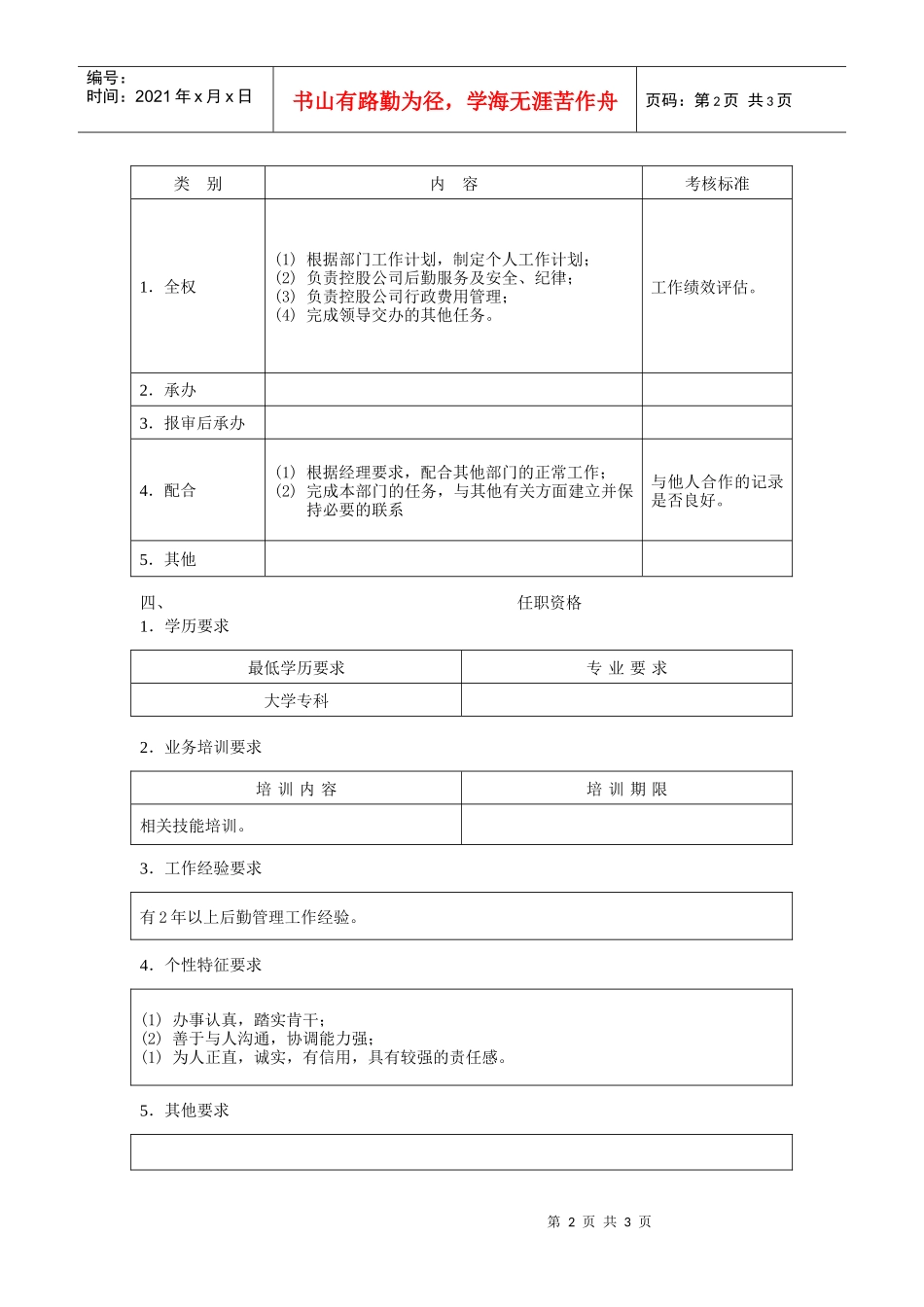 后勤管理员职位说明书_第2页