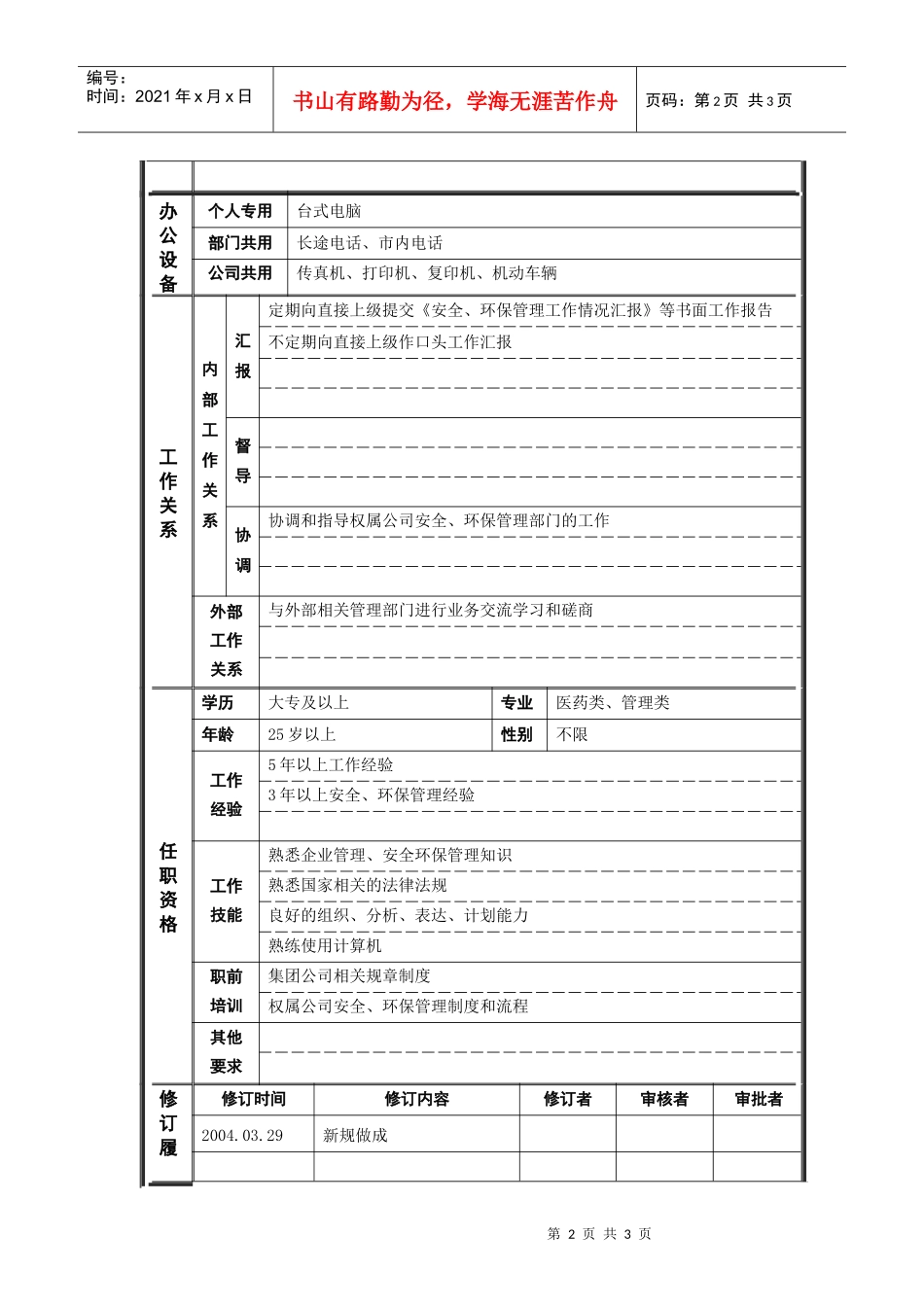 人力资源-20224经营协调部_安全环保主管_职位说明书_第2页