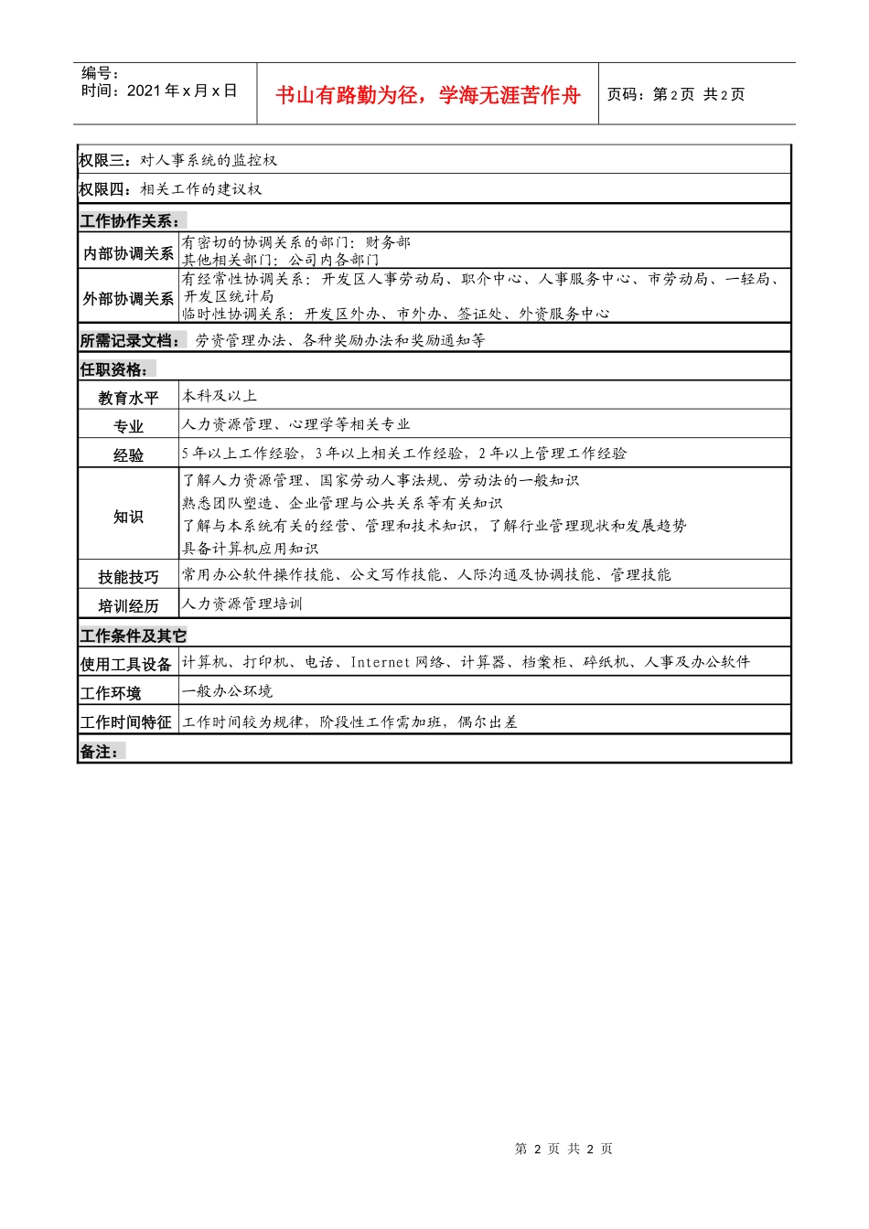 化妆品公司人事科主管岗位说明书_第2页