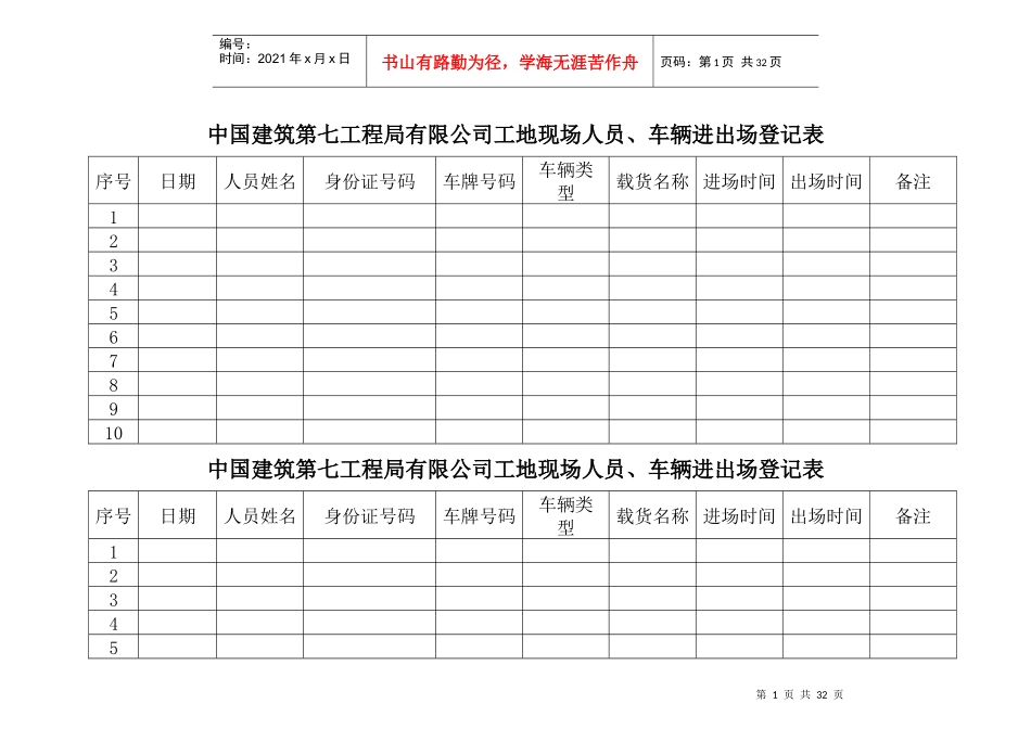 工地现场人员车辆出入登记薄_第2页