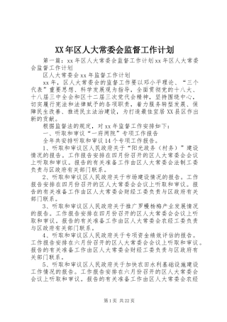 XX年区人大常委会监督工作计划