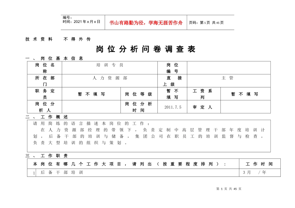岗位说明书 培训专员_第1页