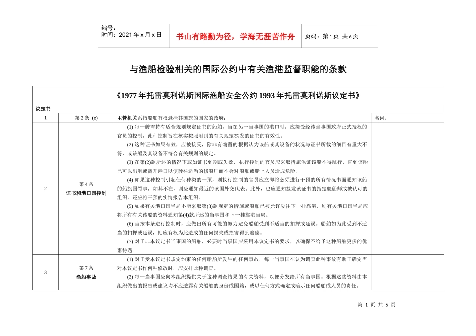与渔船检验相关的国际公约中有关渔港监督职能的条款_第1页