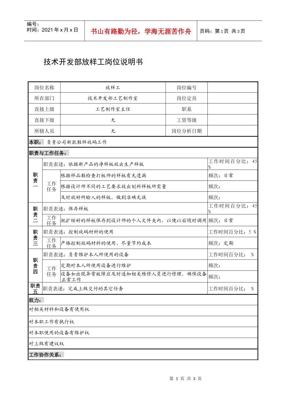 制鞋企业技术开发部放样工岗位说明书_第1页