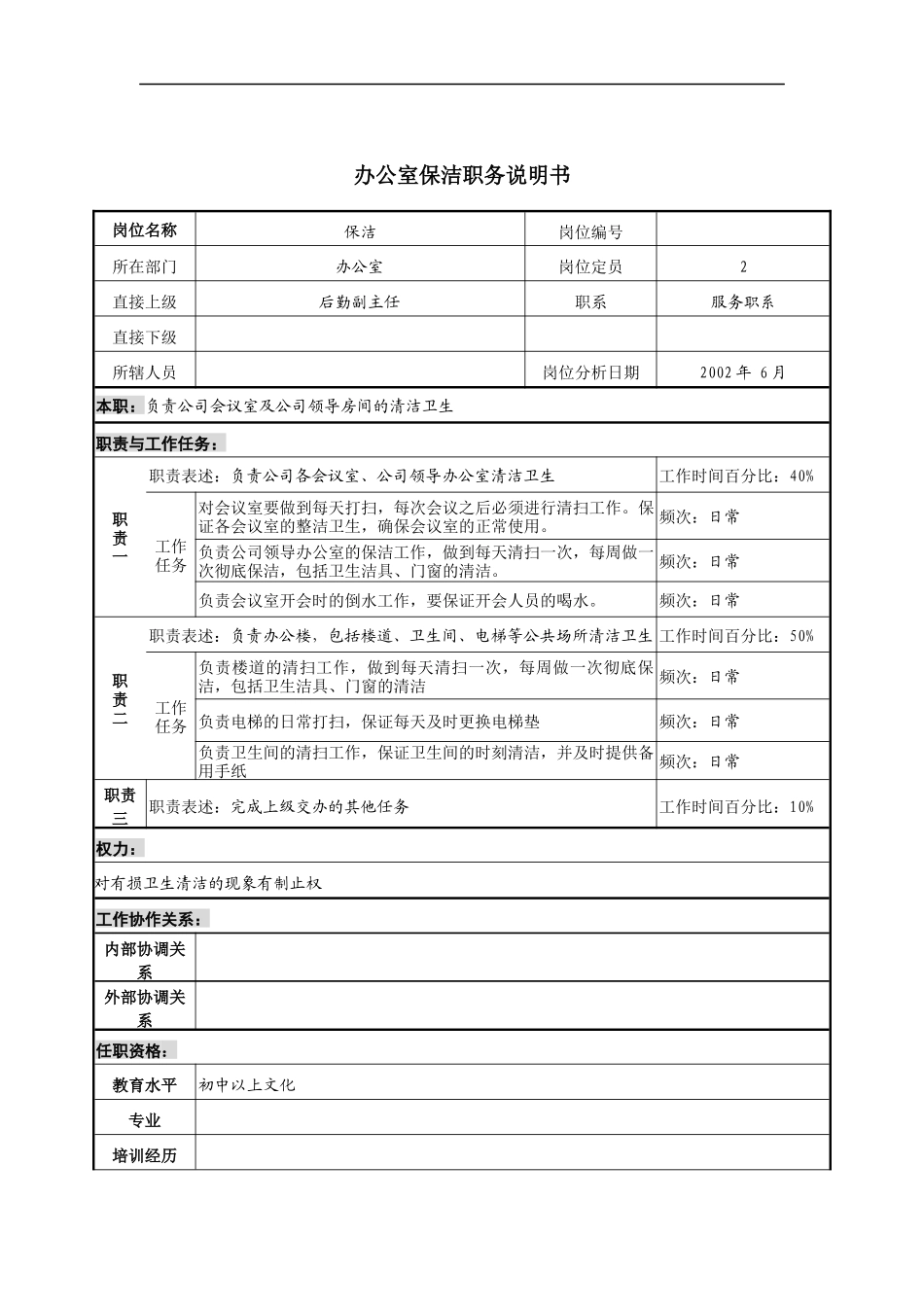 办公室保洁职务说明书_第1页