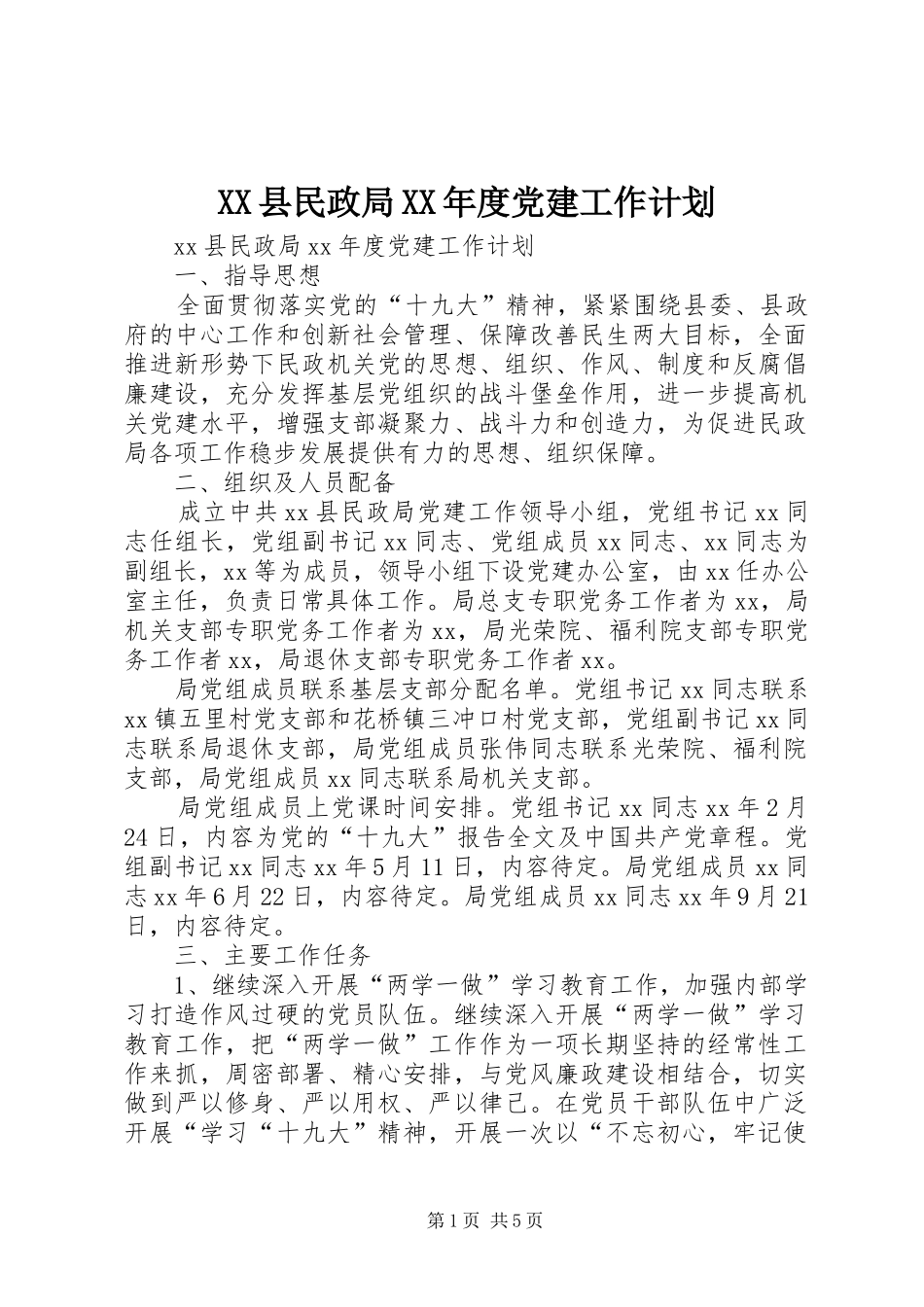 XX县民政局XX年度党建工作计划_第1页