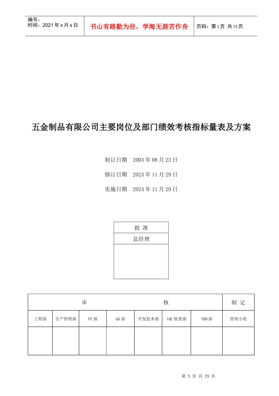 人力资源-2022XXXX年五金制品公司主要岗位及部门绩效考核指标量表及_第1页