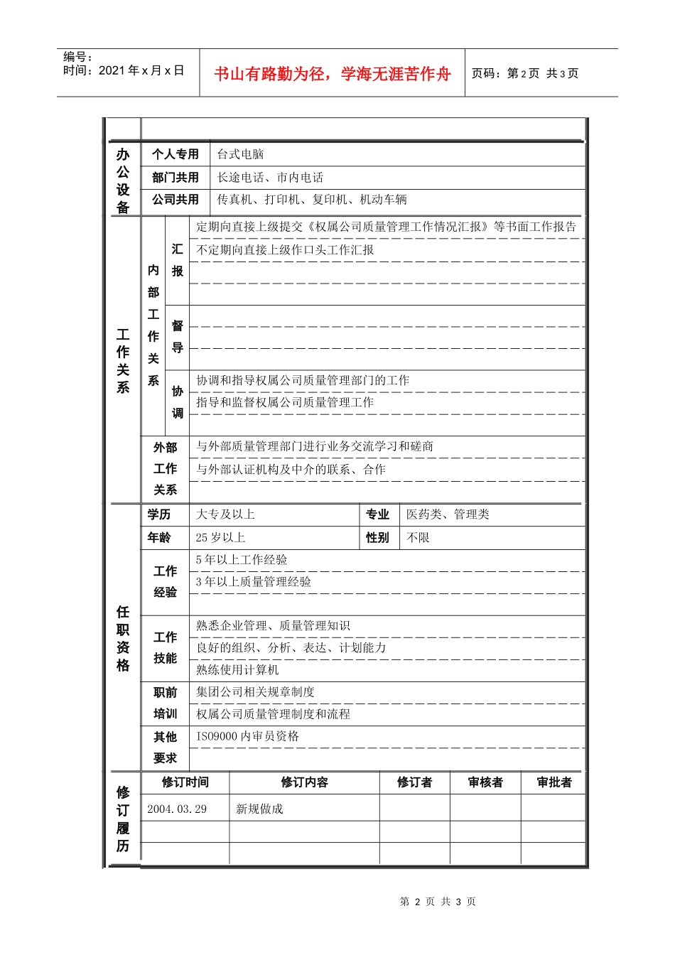 人力资源-20223经营协调部_质量管理主管_职位说明书_第2页
