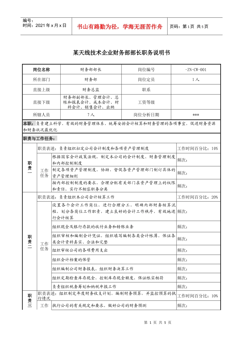 天线技术企业财务部部长职务说明书_第1页