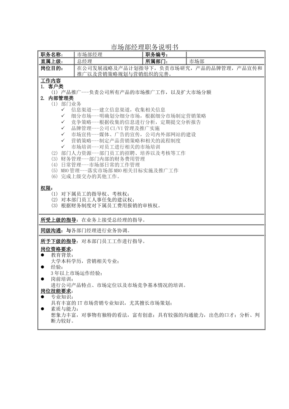 市场部经理职务说明书_第1页