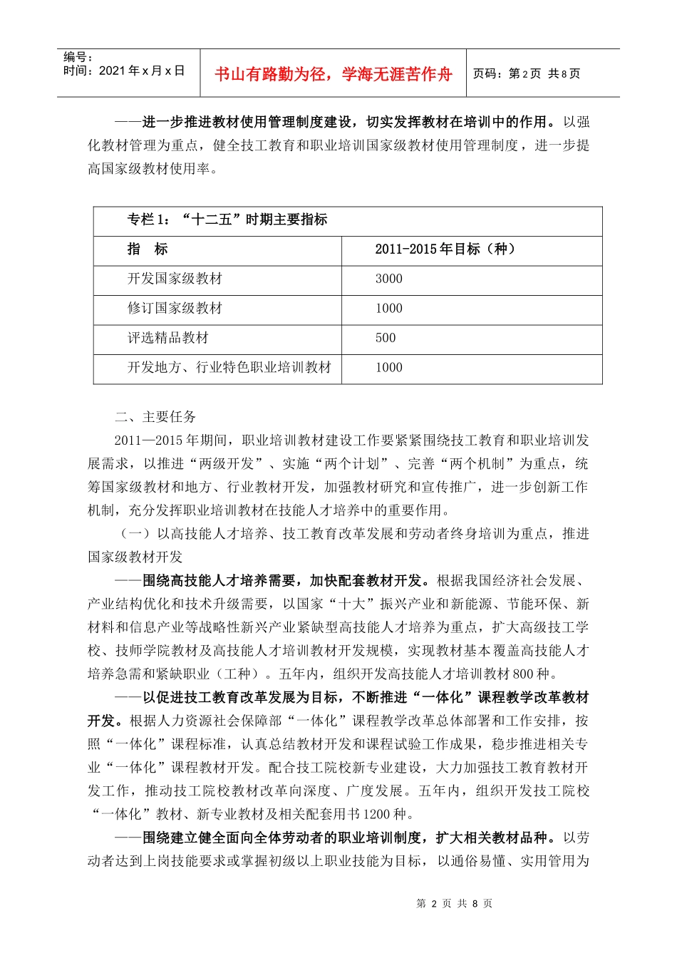 人力资源-2022XXXX-XXXX年职业培训教材建设规划_第2页
