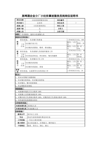 某啤酒企业分厂小灶炊事班服务员岗岗位说明书.