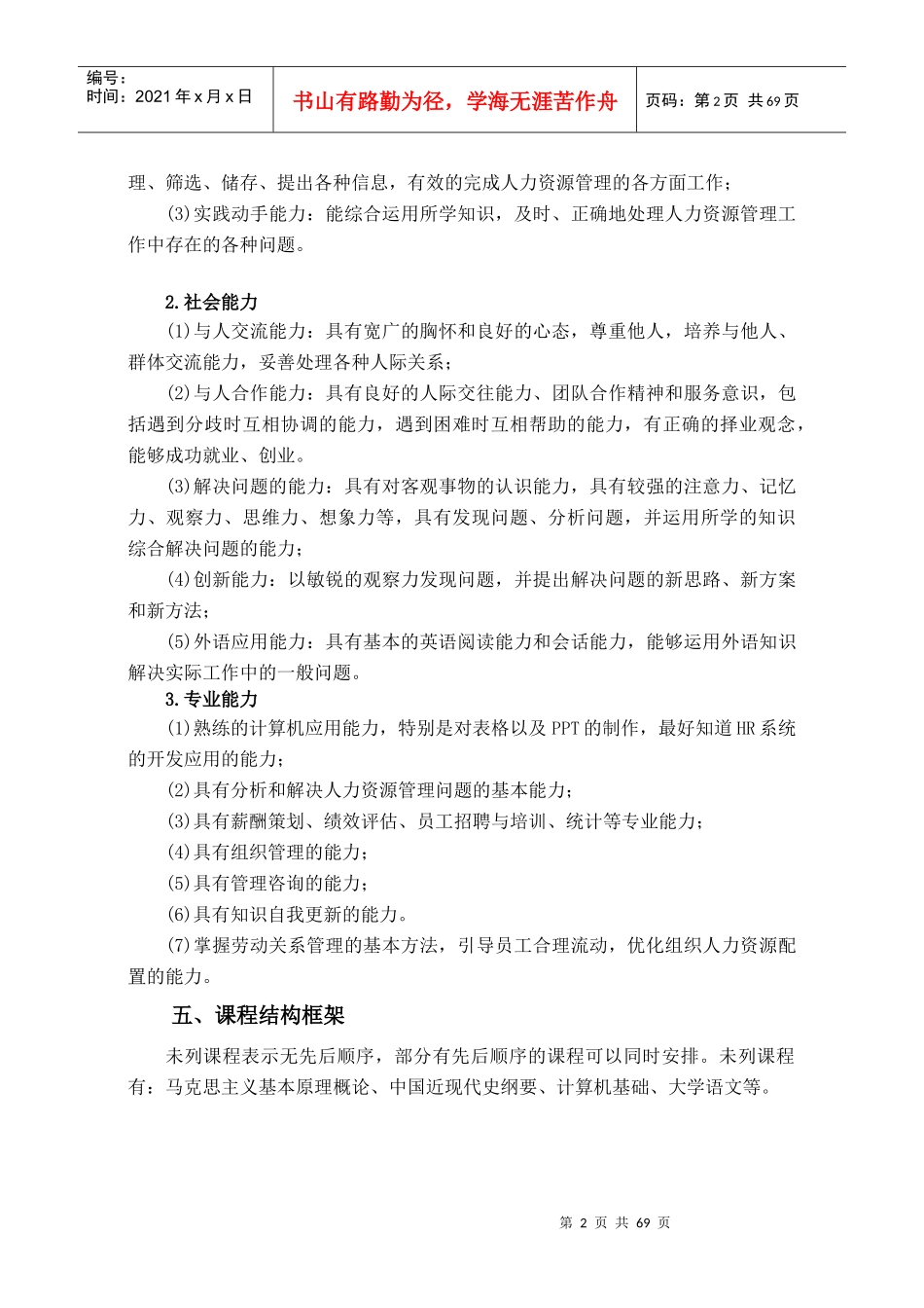 人力资源管理专业三年制人才培养方案_第3页