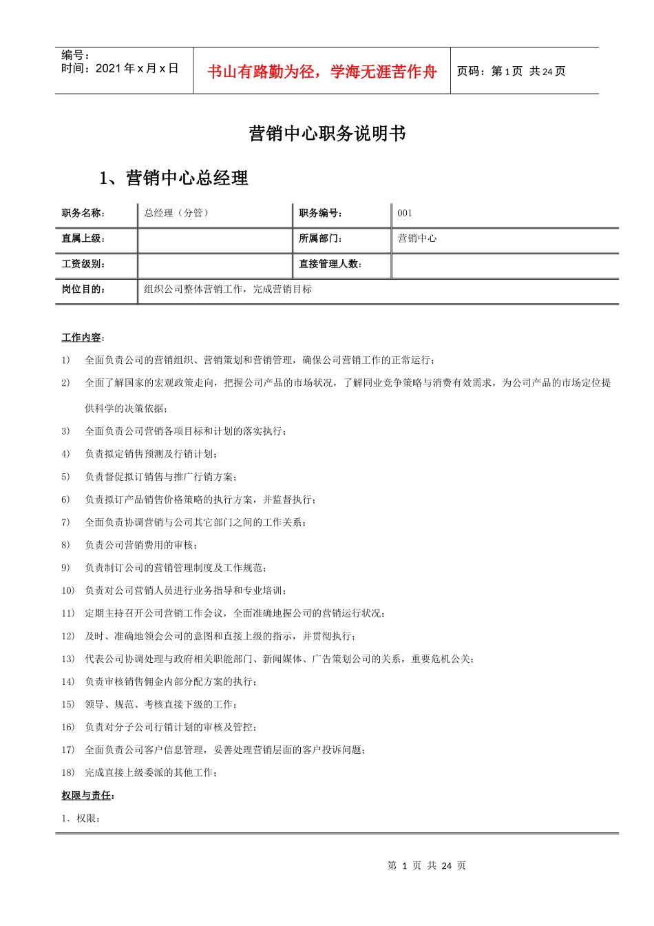 市场营俏岗位职责说明书_第1页