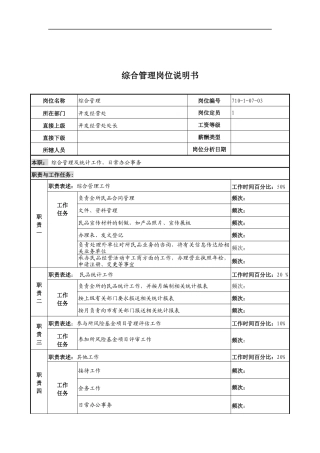 中船重工研究所开发经营处综合管理岗位说明书