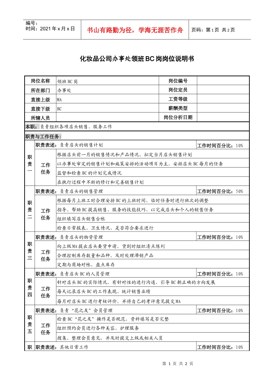 化妆品公司办事处领班bc岗岗位说明书_第1页